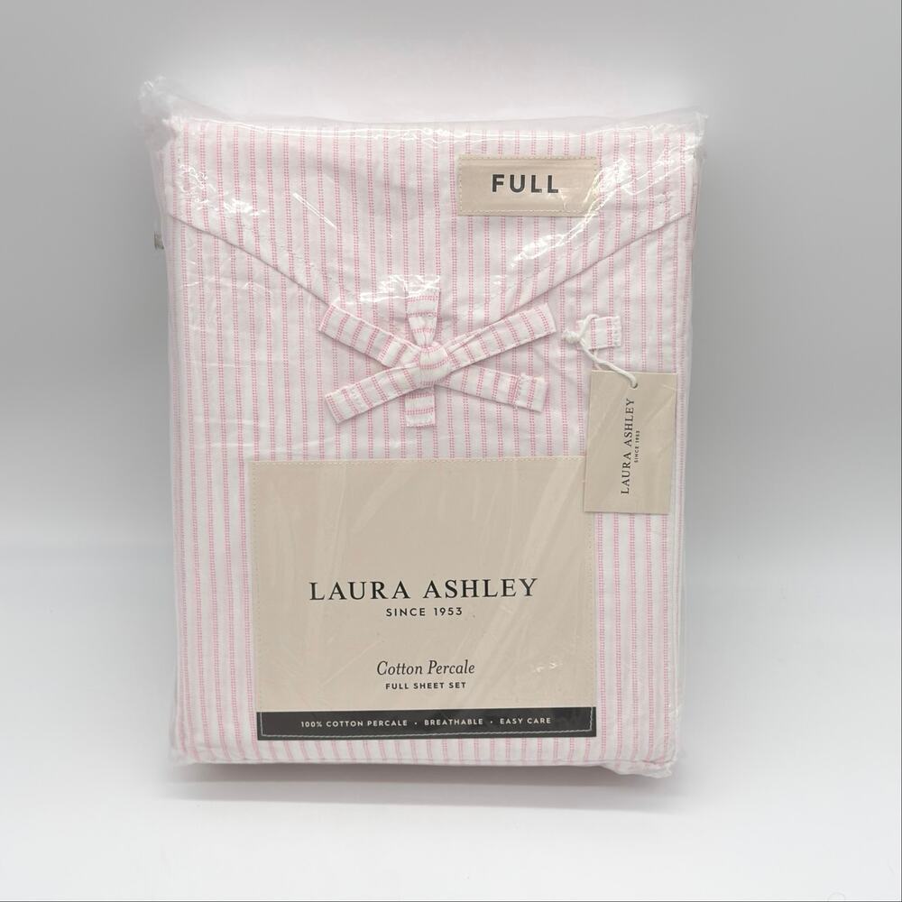 Laura Ashley FULL Jaynie Pink Ticking Stripe 4pc Cotton Sheet Set NEW